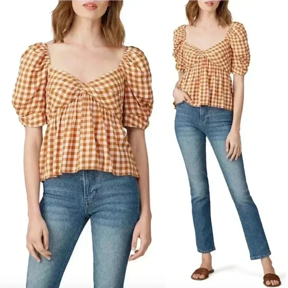 SAYLOR Tops - NWT Saylor Glenny Peplum Puff Sleeve Blouse in Apricot Gingham